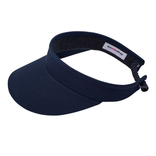 Navy ladies golf visor constructed with quick-drying fabrics. The visor comes in a one size fits all design with an elasticated cord at the rear to hold it securely in place. It also features a concealed magnet  in peak with a hand enamelled lace golf ball marker attached, making it a lovely golf accessory, golf gift! The headband features a soft lined absorbent towel. 