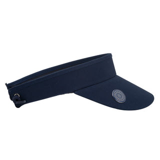 Navy ladies golf visor constructed with quick-drying fabrics. The visor comes in a one size fits all design with an elasticated cord at the rear to hold it securely in place. It also features a concealed magnet  in peak with a hand enamelled lace golf ball marker attached, making it a lovely golf accessory, golf gift! The headband features a soft lined absorbent towel. 