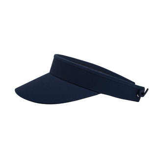 Navy ladies golf visor constructed with quick-drying fabrics. The visor comes in a one size fits all design with an elasticated cord at the rear to hold it securely in place. It also features a concealed magnet  in peak with a hand enamelled lace golf ball marker attached, making it a lovely golf accessory, golf gift! The headband features a soft lined absorbent towel. 