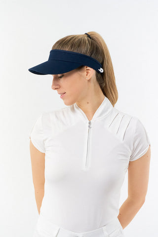 Navy ladies golf visor constructed with quick-drying fabrics. The visor comes in a one size fits all design with an elasticated cord at the rear to hold it securely in place. It also features a concealed magnet  in peak with a hand enamelled lace golf ball marker attached, making it a lovely golf accessory, golf gift! The headband features a soft lined absorbent towel. 