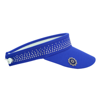 Navy telephone wire crystal ladies golf visor constructed with quick-drying fabrics. The visor comes in a one size fits all. It also features a concealed magnet  in the strong curved peak with a hand enameled lace effect flower shaped golf ball marker. The headband features a soft lined absorbent towel and is crystal-adorned. 