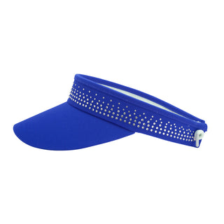 Navy telephone wire crystal ladies golf visor constructed with quick-drying fabrics. The visor comes in a one size fits all. It also features a concealed magnet  in the strong curved peak with a hand enameled lace effect flower shaped golf ball marker. The headband features a soft lined absorbent towel and is crystal-adorned. 