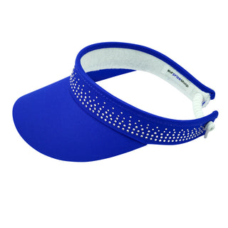 Navy telephone wire crystal ladies golf visor constructed with quick-drying fabrics. The visor comes in a one size fits all. It also features a concealed magnet  in the strong curved peak with a hand enameled lace effect flower shaped golf ball marker. The headband features a soft lined absorbent towel and is crystal-adorned. 