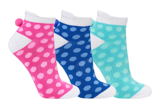 3 pair pack of multi spot in Pink, Blue & Aqua ankle ladies golf socks have a coordinating colour pom pom on the heel to help the socks hold their position. All socks feature the word "golf" on the sole.  Made from a soft, stretchy cotton blend fabric allowing breathability, with a cushioned sole and compression fit. They are suited to UK sizes between 4 and 7. 85% Cotton, 13% Polyester, 2% Elastane.