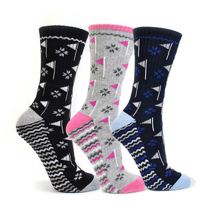 Ladies 3 pair pack in Navy, Grey and Black crew golf socks have a trendy golf flag design with lurex stripe detailing on the sole. Made from a soft, stretchy cotton blend fabric allowing breathability, with a cushioned sole, compression fit and Rib cuff for a snug fit. They are suited to UK sizes between 4 and 7. 85% Cotton, 13% Polyester, 2% Elastane.