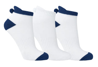 3 pair pack of ankle ladies golf socks, one pair in white with Navy detail on the sole and two pairs in white with Navy heals, toe, cuff and the word golf along the sole. With coordinating colour pom pom on the heel to help the socks hold their position. Made from a soft, stretchy cotton blend fabric allowing breathability, with a cushioned sole and compression fit. They are suited to UK sizes between 4 and 7. 85% Cotton, 13% Polyester, 2% Elastane.