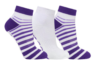 White ladies trainer golf sock, 3 pack with 2 stripped purple pairs and one plain white pair with the word "golf" on the sole, also with a cushioned sole and compression fit. The lower cut around the ankle makes them less visible when worn. Made from a soft, stretchy cotton blend fabric allows breathability. They are suited to UK sizes between 4 and 7. 85% Cotton, 13% Polyester, 2% Elastane.