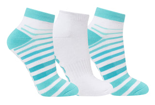 White ladies trainer golf sock, 3 pack with 2 stripped in Aqua and one plain. Cushioned sole and compression fit. The lower cut around the ankle makes them less visible when worn. An attractive stripe design with the word golf on the sole. Made from a soft, stretchy cotton blend fabric allows breathability. They are suited to UK sizes between 4 and 7. 85% Cotton, 13% Polyester, 2% Elastane.