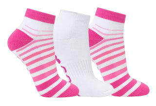 Pink Ladies Golf Trainer Socks come in a 3 pair pack.&nbsp; The cushioned sole and compression fit provide comfort, while the lower ankle cut makes them less visible when worn. These socks feature an attractive stripe on 2 pairs and 1 white plain design all with the word "golf" on the sole. They are made with a soft, stretchy cotton blend fabric for breathability and are suitable for UK sizes 4-7. Made from 85% cotton, 13% polyester, and 2% elastane.