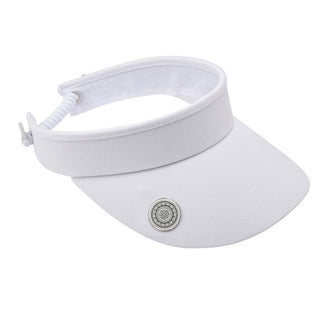 White ladies golf visor constructed with quick-drying fabrics. The visor comes in a one size fits all design with an elasticated cord at the rear to hold it securely in place. It also features a concealed magnet  in peak with a hand enamelled lace golf ball marker attached, making it a lovely golf accessory, golf gift! The headband features a soft lined absorbent towel. 