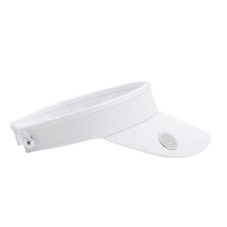 White ladies golf visor constructed with quick-drying fabrics. The visor comes in a one size fits all design with an elasticated cord at the rear to hold it securely in place. It also features a concealed magnet  in peak with a hand enamelled lace golf ball marker attached, making it a lovely golf accessory, golf gift! The headband features a soft lined absorbent towel. 