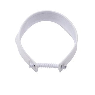 White ladies golf visor constructed with quick-drying fabrics. The visor comes in a one size fits all design with an elasticated cord at the rear to hold it securely in place. It also features a concealed magnet  in peak with a hand enamelled lace golf ball marker attached, making it a lovely golf accessory, golf gift! The headband features a soft lined absorbent towel. 