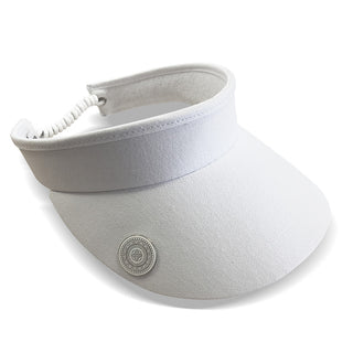 White ladies golf visor constructed with quick-drying fabrics. The visor comes in a one size fits all design with an elasticated cord at the rear to hold it securely in place. It also features a concealed magnet  in peak with a hand enamelled lace golf ball marker attached, making it a lovely golf accessory, golf gift! The headband features a soft lined absorbent towel. 