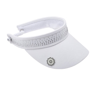 White telephone wire ladies golf visor constructed with quick-drying fabrics. The visor comes in a one size fits all. It also features a concealed magnet  in the strong curved peak with a hand enamelled lace effect flower shaped golf ball marker. The headband features a soft lined absorbent towel and is crystal-adorned. 