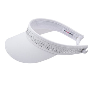 White telephone wire ladies golf visor constructed with quick-drying fabrics. The visor comes in a one size fits all. It also features a concealed magnet  in the strong curved peak with a hand enamelled lace effect flower shaped golf ball marker. The headband features a soft lined absorbent towel and is crystal-adorned. 