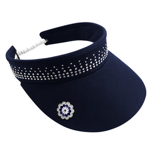 Navy telephone wire crystal ladies golf visor constructed with quick-drying fabrics. The visor comes in a one size fits all. It also features a concealed magnet  in the strong curved peak with a hand enameled lace effect flower shaped golf ball marker. The headband features a soft lined absorbent towel and is crystal-adorned. 