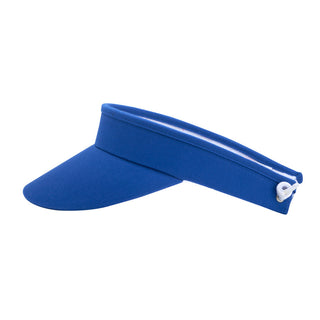 Royal Blue  ladies golf visor constructed with quick-drying fabrics. The visor comes in a one size fits all design with an elasticated cord at the rear to hold it securely in place. It also features a concealed magnet  in peak with a hand enamelled lace golf ball marker attached, making it a lovely golf accessory, golf gift! The headband features a soft lined absorbent towel. 