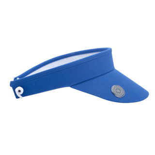 Royal Blue  ladies golf visor constructed with quick-drying fabrics. The visor comes in a one size fits all design with an elasticated cord at the rear to hold it securely in place. It also features a concealed magnet  in peak with a hand enamelled lace golf ball marker attached, making it a lovely golf accessory, golf gift! The headband features a soft lined absorbent towel. 