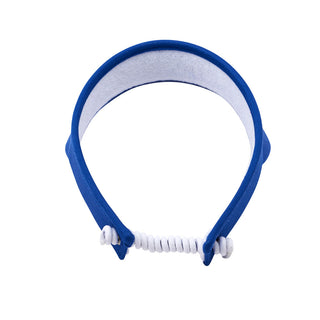 Royal Blue  ladies golf visor constructed with quick-drying fabrics. The visor comes in a one size fits all design with an elasticated cord at the rear to hold it securely in place. It also features a concealed magnet  in peak with a hand enamelled lace golf ball marker attached, making it a lovely golf accessory, golf gift! The headband features a soft lined absorbent towel. 