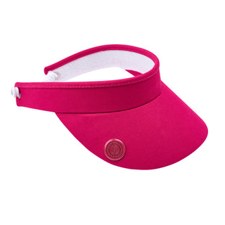 Hot Pink ladies golf visor constructed with quick-drying fabrics. The visor comes in a one size fits all design with an elasticated cord at the rear to hold it securely in place. It also features a concealed magnet  in peak with a hand enamelled lace golf ball marker attached, making it a lovely golf accessory, golf gift! The headband features a soft lined absorbent towel. 