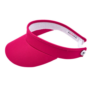 Hot Pink ladies golf visor constructed with quick-drying fabrics. The visor comes in a one size fits all design with an elasticated cord at the rear to hold it securely in place. It also features a concealed magnet  in peak with a hand enamelled lace golf ball marker attached, making it a lovely golf accessory, golf gift! The headband features a soft lined absorbent towel. 