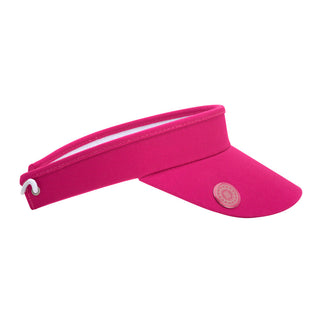 Hot Pink ladies golf visor constructed with quick-drying fabrics. The visor comes in a one size fits all design with an elasticated cord at the rear to hold it securely in place. It also features a concealed magnet  in peak with a hand enamelled lace golf ball marker attached, making it a lovely golf accessory, golf gift! The headband features a soft lined absorbent towel. 