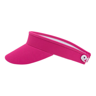 Hot Pink ladies golf visor constructed with quick-drying fabrics. The visor comes in a one size fits all design with an elasticated cord at the rear to hold it securely in place. It also features a concealed magnet  in peak with a hand enamelled lace golf ball marker attached, making it a lovely golf accessory, golf gift! The headband features a soft lined absorbent towel. 