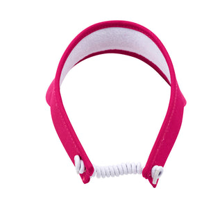 Hot Pink ladies golf visor constructed with quick-drying fabrics. The visor comes in a one size fits all design with an elasticated cord at the rear to hold it securely in place. It also features a concealed magnet  in peak with a hand enamelled lace golf ball marker attached, making it a lovely golf accessory, golf gift! The headband features a soft lined absorbent towel. 