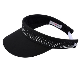 Black telephone wire ladies golf visor constructed with quick-drying fabrics. The visor comes in a one size fits all. It also features a concealed magnet  in the strong curved peak with a hand enamelled lace effect flower shaped golf ball marker. The headband features a soft lined absorbent towel and is crystal-adorned. 