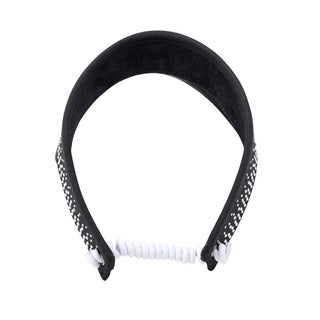 Black telephone wire ladies golf visor constructed with quick-drying fabrics. The visor comes in a one size fits all. It also features a concealed magnet  in the strong curved peak with a hand enamelled lace effect flower shaped golf ball marker. The headband features a soft lined absorbent towel and is crystal-adorned. 