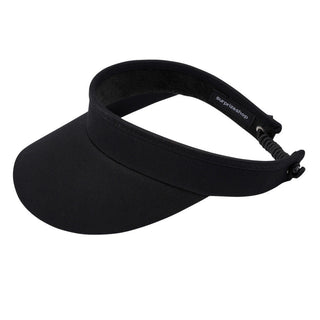 Black ladies golf visor constructed with quick-drying fabrics. The visor comes in a one size fits all design with an elasticated cord at the rear to hold it securely in place. It also features a concealed magnet  in peak with a hand enamelled lace golf ball marker attached, making it a lovely golf accessory, golf gift! The headband features a soft lined absorbent towel. 