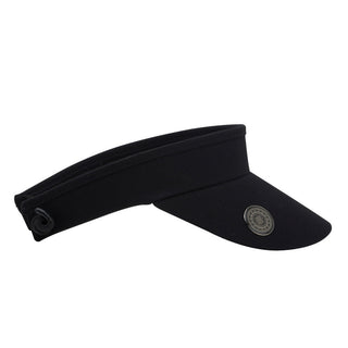 Black ladies golf visor constructed with quick-drying fabrics. The visor comes in a one size fits all design with an elasticated cord at the rear to hold it securely in place. It also features a concealed magnet  in peak with a hand enamelled lace golf ball marker attached, making it a lovely golf accessory, golf gift! The headband features a soft lined absorbent towel. 