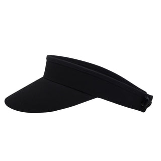 Black ladies golf visor constructed with quick-drying fabrics. The visor comes in a one size fits all design with an elasticated cord at the rear to hold it securely in place. It also features a concealed magnet  in peak with a hand enamelled lace golf ball marker attached, making it a lovely golf accessory, golf gift! The headband features a soft lined absorbent towel. 