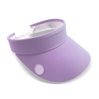 Lilac ladies golf visor constructed with quick-drying fabrics. The visor comes in a one size fits all design with an elasticated cord at the rear to hold it securely in place. It also features a concealed magnet  in peak with a hand enamelled lace golf ball marker attached, making it a lovely golf accessory, golf gift! The headband features a soft lined absorbent towel. 