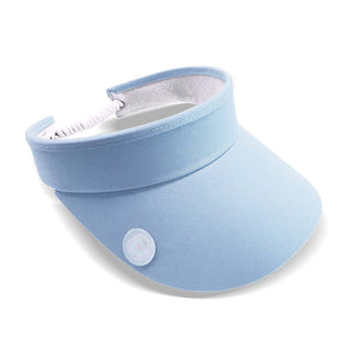 Pale Blue ladies golf visor constructed with quick-drying fabrics. The visor comes in a one size fits all design with an elasticated cord at the rear to hold it securely in place. It also features a concealed magnet  in peak with a hand enamelled lace golf ball marker attached, making it a lovely golf accessory, golf gift! The headband features a soft lined absorbent towel. 