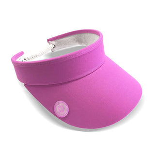 Azalea Pink ladies golf visor constructed with quick-drying fabrics. The visor comes in a one size fits all design with an elasticated cord at the rear to hold it securely in place. It also features a concealed magnet  in peak with a hand enamelled lace golf ball marker attached, making it a lovely golf accessory, golf gift! The headband features a soft lined absorbent towel. 