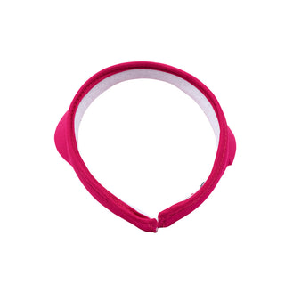 Hot Pink Clip ladies golf visor constructed with quick-drying fabrics. The visor comes in a one size fits all design which clips around your head to hold it securely in place. It also features a concealed magnet  in peak with a hand enamelled lace effect golf ball marker attached, making it a lovely golf accessory, golf gift! The headband features a soft lined absorbent towel. 