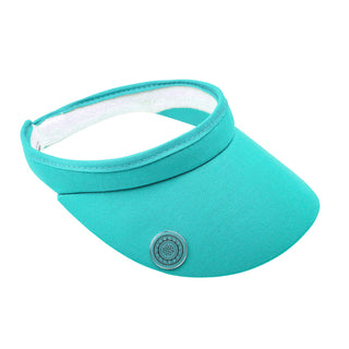 Ocean Blue Clip ladies golf visor constructed with quick-drying fabrics. The visor comes in a one size fits all design which clips around your head to hold it securely in place. It also features a concealed magnet  in peak with a hand enamelled lace effect golf ball marker attached, making it a lovely golf accessory, golf gift! The headband features a soft lined absorbent towel. 