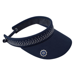 Navy telephone wire crystal ladies golf visor constructed with quick-drying fabrics. The visor comes in a one size fits all. It also features a concealed magnet  in the strong curved peak with a hand enameled lace effect flower shaped golf ball marker. The headband features a soft lined absorbent towel and is crystal-adorned. 