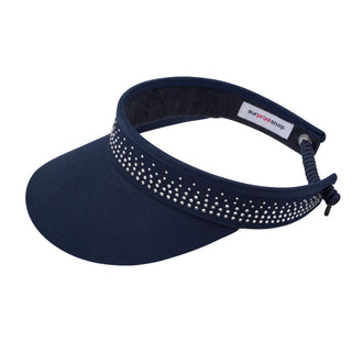 Navy telephone wire crystal ladies golf visor constructed with quick-drying fabrics. The visor comes in a one size fits all. It also features a concealed magnet  in the strong curved peak with a hand enameled lace effect flower shaped golf ball marker. The headband features a soft lined absorbent towel and is crystal-adorned. 