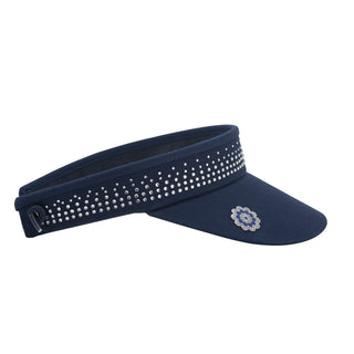 Navy telephone wire crystal ladies golf visor constructed with quick-drying fabrics. The visor comes in a one size fits all. It also features a concealed magnet  in the strong curved peak with a hand enameled lace effect flower shaped golf ball marker. The headband features a soft lined absorbent towel and is crystal-adorned. 