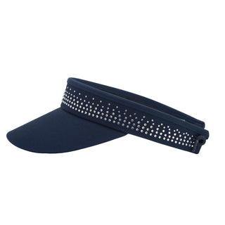 Navy telephone wire crystal ladies golf visor constructed with quick-drying fabrics. The visor comes in a one size fits all. It also features a concealed magnet  in the strong curved peak with a hand enameled lace effect flower shaped golf ball marker. The headband features a soft lined absorbent towel and is crystal-adorned. 