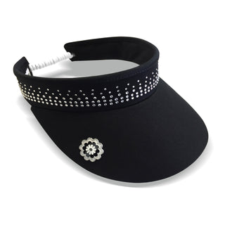 Black telephone wire ladies golf visor constructed with quick-drying fabrics. The visor comes in a one size fits all. It also features a concealed magnet  in the strong curved peak with a hand enamelled lace effect flower shaped golf ball marker. The headband features a soft lined absorbent towel and is crystal-adorned. 